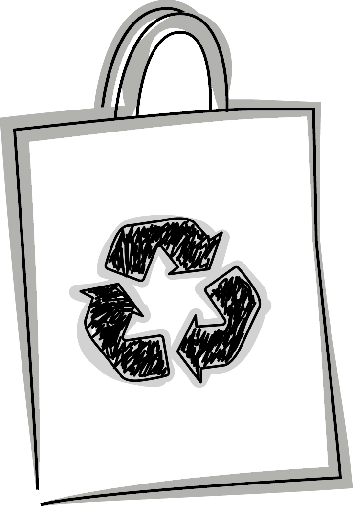 Skizze einer Tasche mit dem Recyclat (Recycling) Logo drauf (PET Tasche)