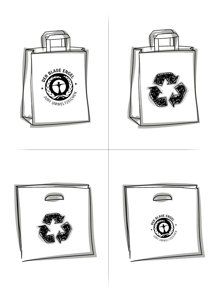4 Skizzen von verschiedenen Taschen mit Recycling Zeichen oder Blauer Engel Logo - Umweltfreundliche Taschen