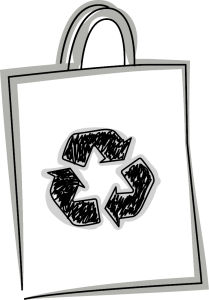 Skizze einer Tasche mit dem Recyclat (Recycling) Logo drauf (PET Tasche)