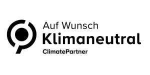 Logo eines Klimaneutral Partners mit dem Text: Auf Wunsch Klimaneutral - ClimatePartner"